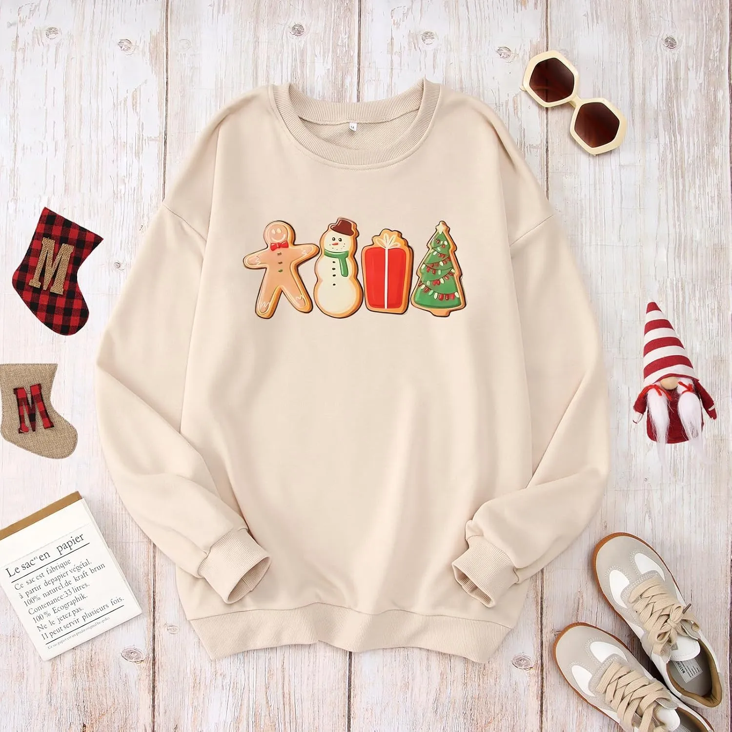 IZYJOY Women Christmas Sweatshirt Gingerbread Cookies Graphic Oversized Sweaters Xmas Tree Crewneck Holiday Winter Gifts Top