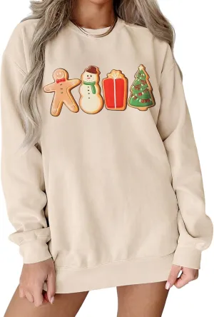 IZYJOY Women Christmas Sweatshirt Gingerbread Cookies Graphic Oversized Sweaters Xmas Tree Crewneck Holiday Winter Gifts Top