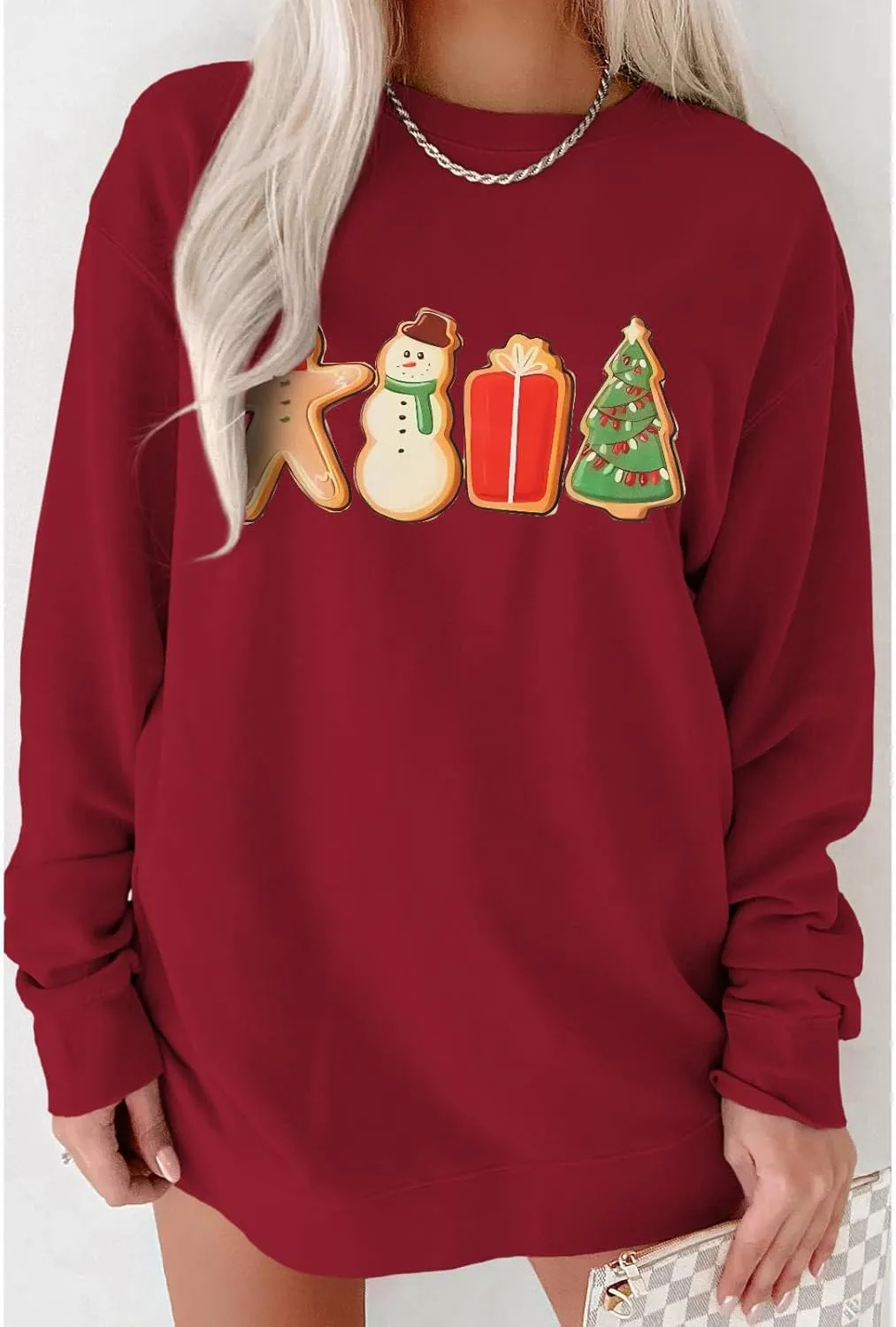IZYJOY Women Christmas Sweatshirt Gingerbread Cookies Graphic Oversized Sweaters Xmas Tree Crewneck Holiday Winter Gifts Top