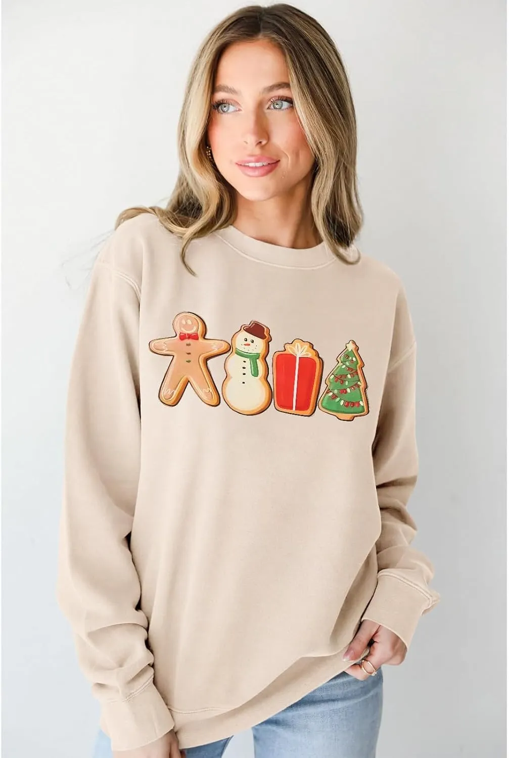 IZYJOY Women Christmas Sweatshirt Gingerbread Cookies Graphic Oversized Sweaters Xmas Tree Crewneck Holiday Winter Gifts Top