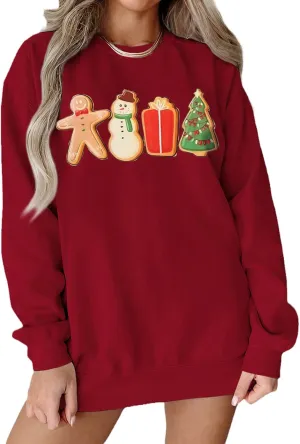 IZYJOY Women Christmas Sweatshirt Gingerbread Cookies Graphic Oversized Sweaters Xmas Tree Crewneck Holiday Winter Gifts Top