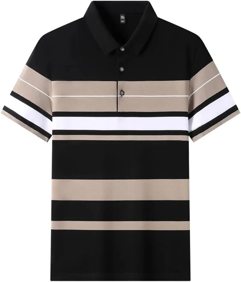 JSEIAJB Men's Clothing Craft Cotton Striped T-Shirt Cotton T-Shirt Lapel Yarn-Dyed(L Code)