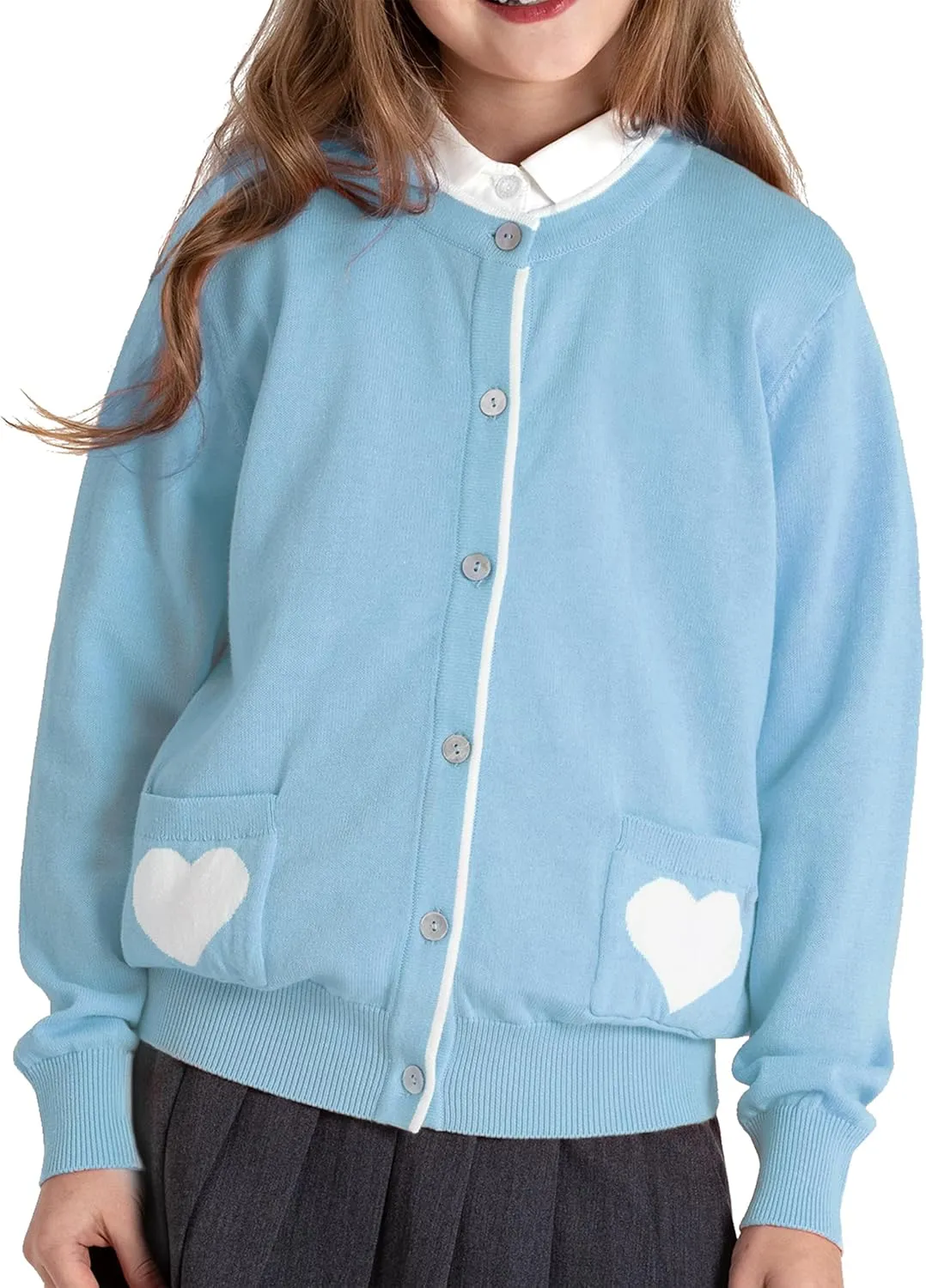 JSTEX Girls Cute Cardigan 100% Cotton Knit Kids Cardigan Long Sleeve Crew Neck Button Sweaters for Girl Size 4-14