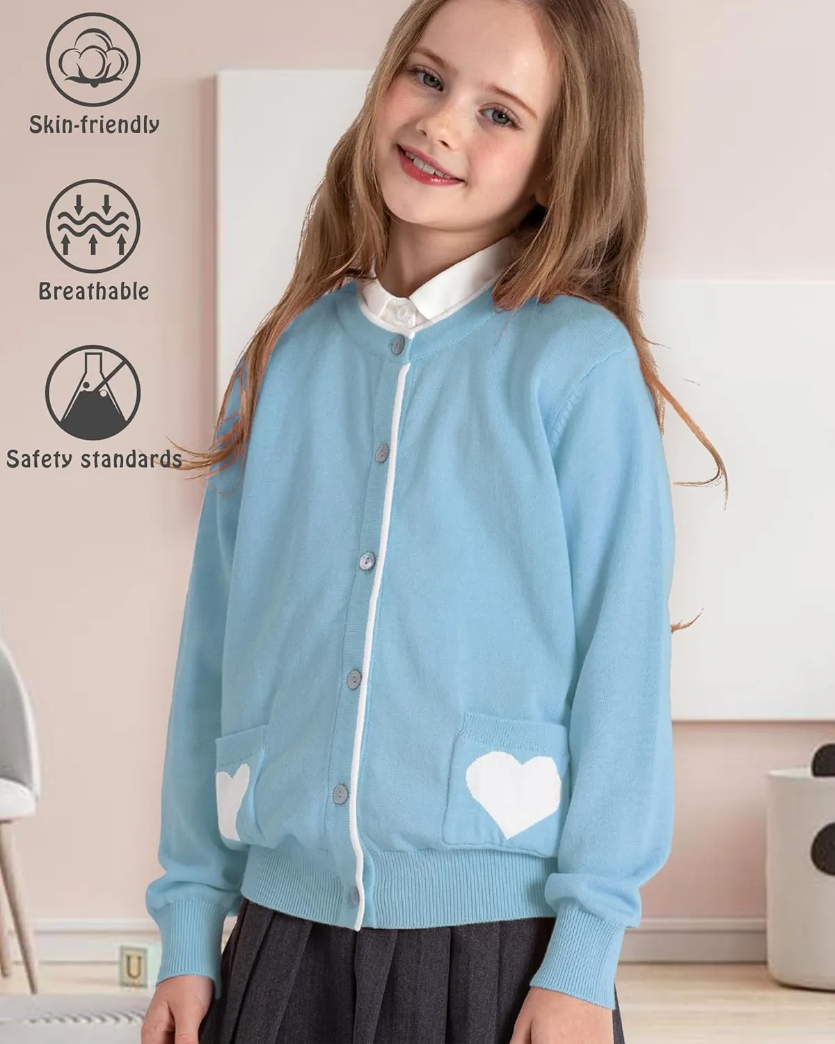 JSTEX Girls Cute Cardigan 100% Cotton Knit Kids Cardigan Long Sleeve Crew Neck Button Sweaters for Girl Size 4-14