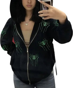Juakoso Y2k Women Zip Up Hoodie Sweatshirt Rhinestone Skeleton Printing Long Sleeve Oversized Jacket Pullovers Fall Coats