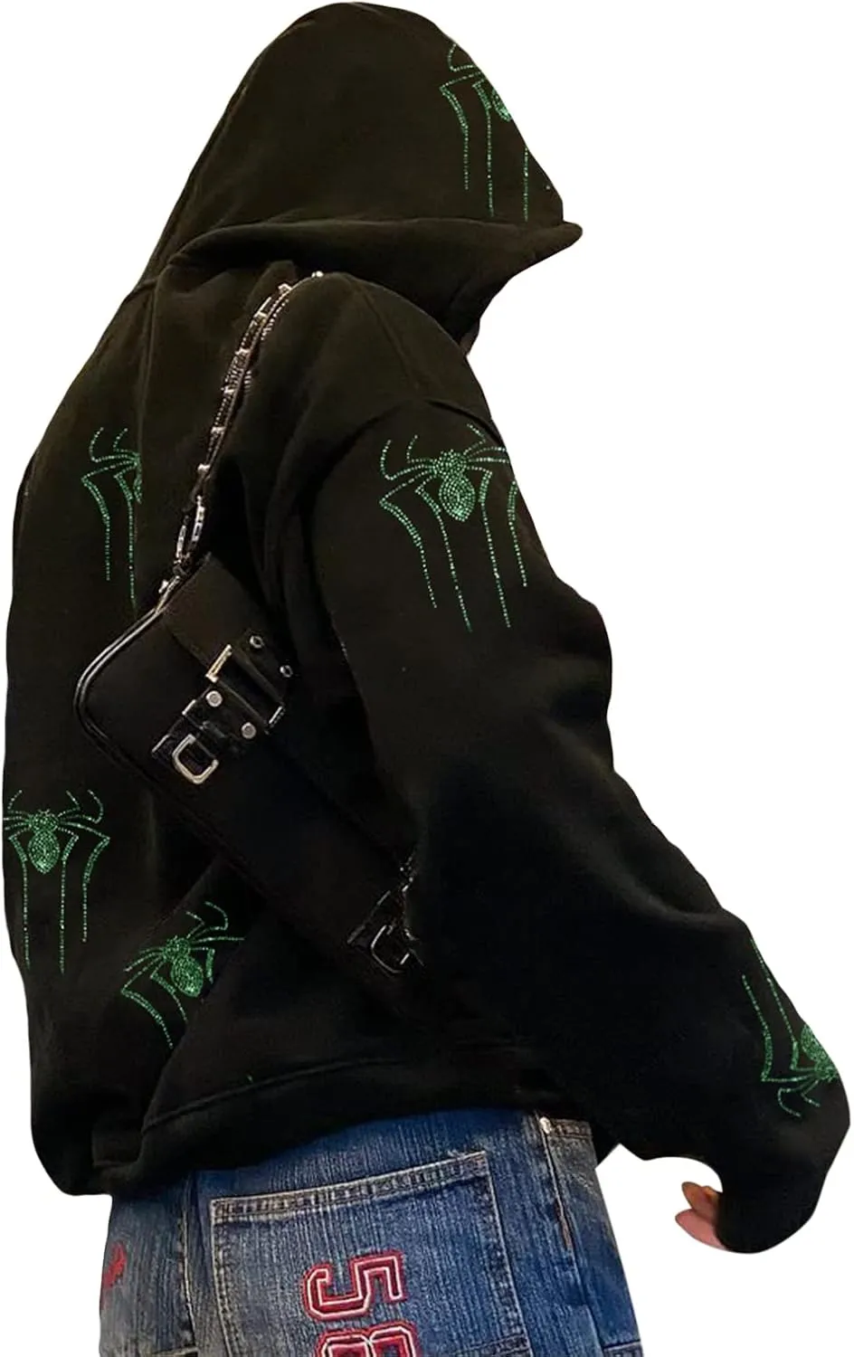 Juakoso Y2k Women Zip Up Hoodie Sweatshirt Rhinestone Skeleton Printing Long Sleeve Oversized Jacket Pullovers Fall Coats