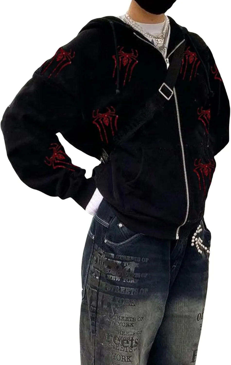 Juakoso Y2k Women Zip Up Hoodie Sweatshirt Rhinestone Skeleton Printing Long Sleeve Oversized Jacket Pullovers Fall Coats