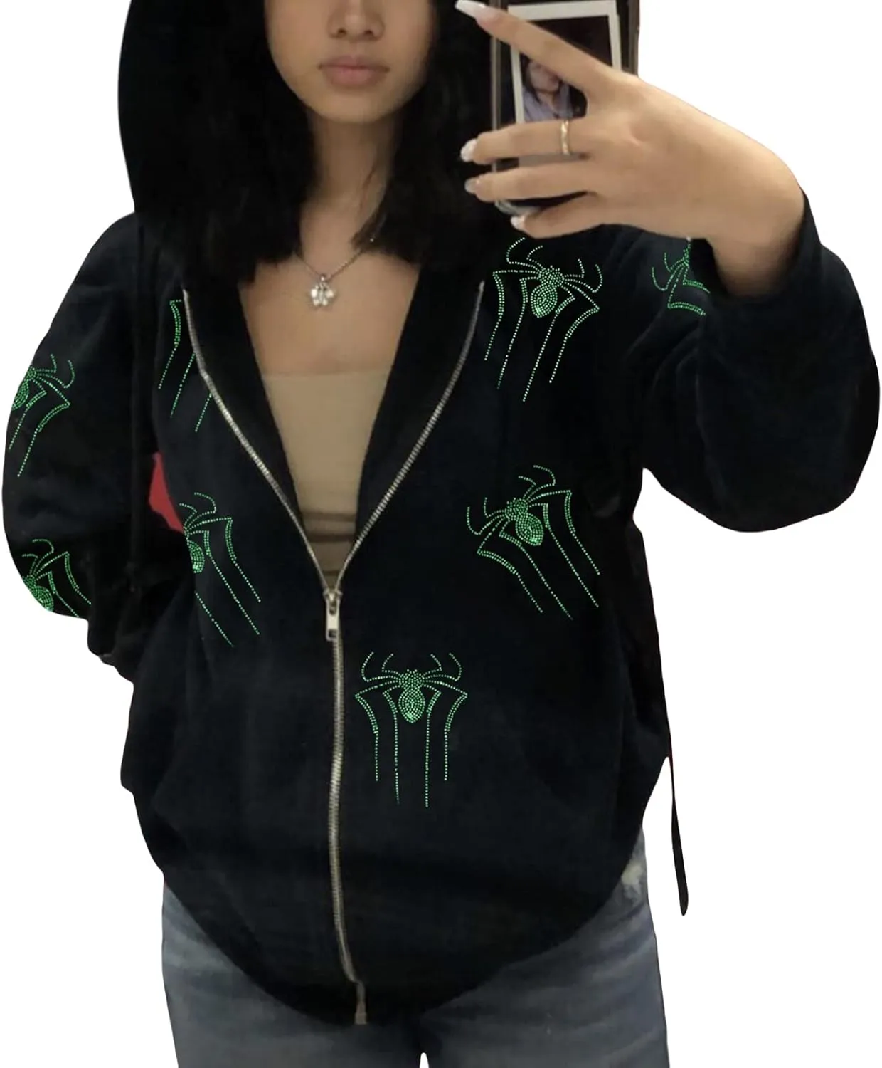 Juakoso Y2k Women Zip Up Hoodie Sweatshirt Rhinestone Skeleton Printing Long Sleeve Oversized Jacket Pullovers Fall Coats