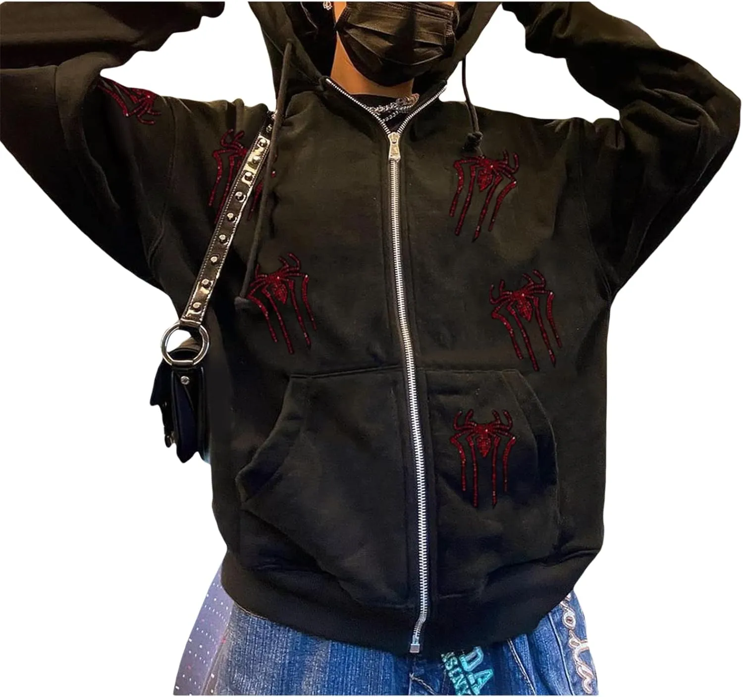 Juakoso Y2k Women Zip Up Hoodie Sweatshirt Rhinestone Skeleton Printing Long Sleeve Oversized Jacket Pullovers Fall Coats