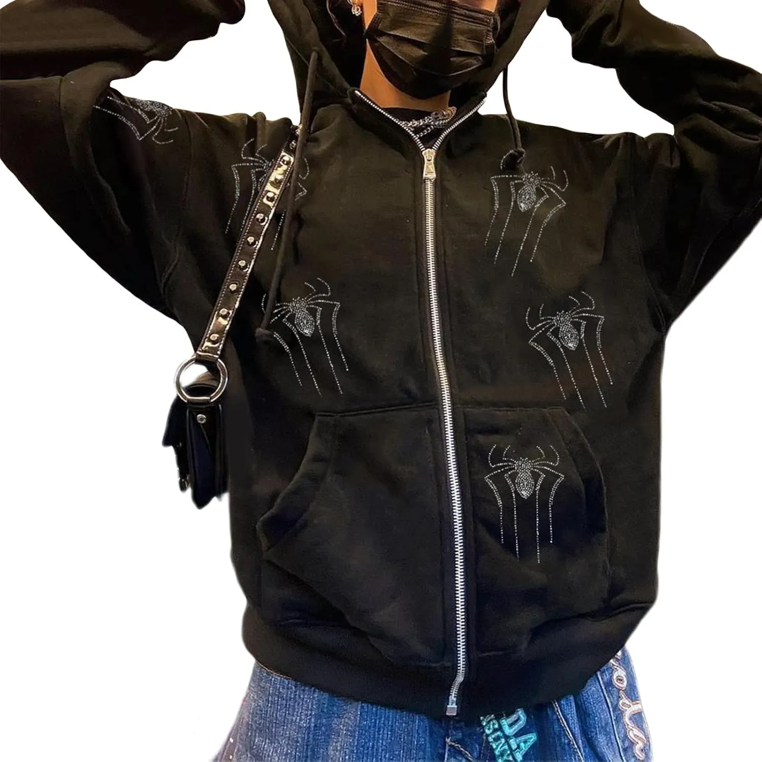 Juakoso Y2k Women Zip Up Hoodie Sweatshirt Rhinestone Skeleton Printing Long Sleeve Oversized Jacket Pullovers Fall Coats