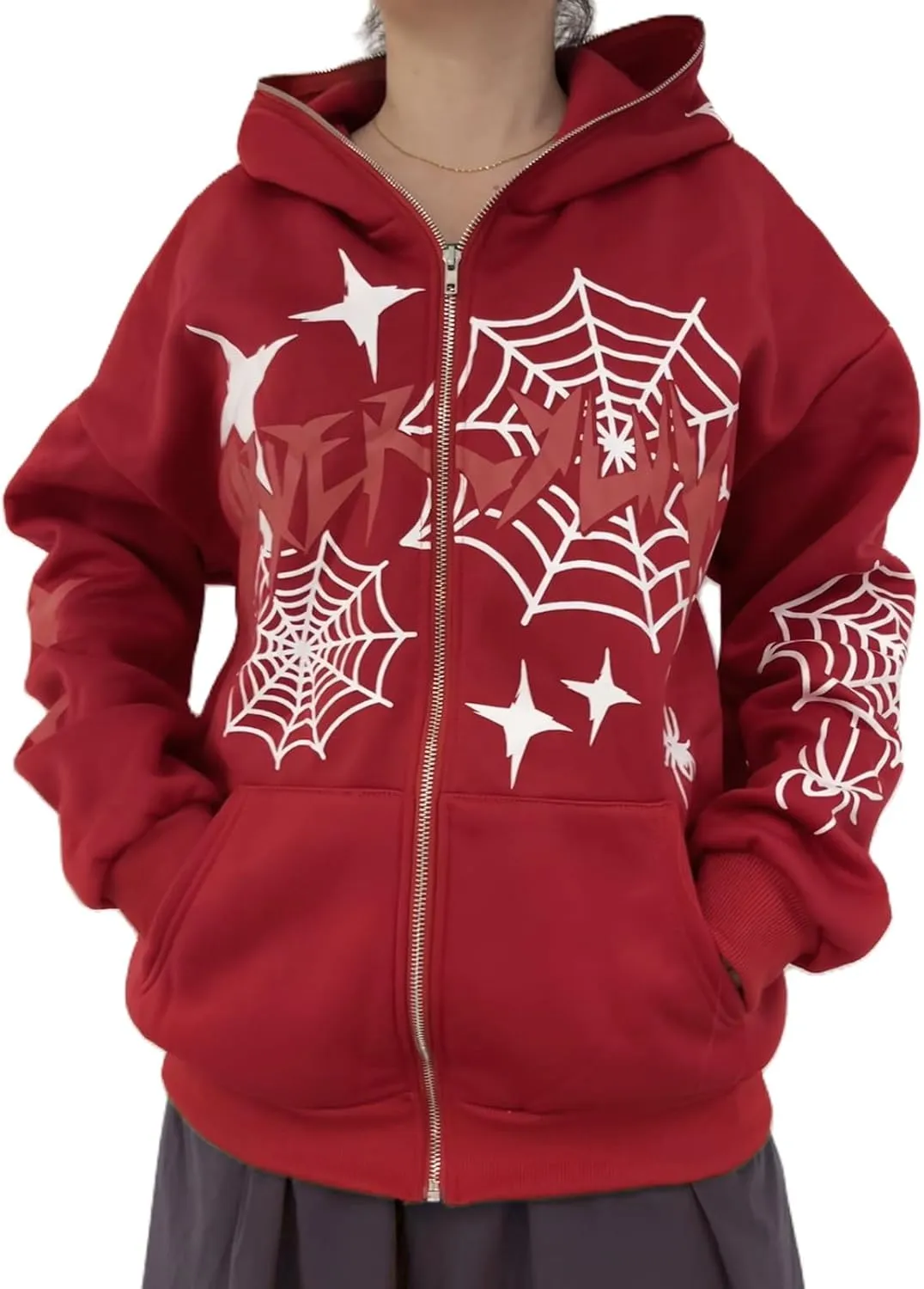 Juakoso Y2k Women Zip Up Hoodie Sweatshirt Rhinestone Skeleton Printing Long Sleeve Oversized Jacket Pullovers Fall Coats