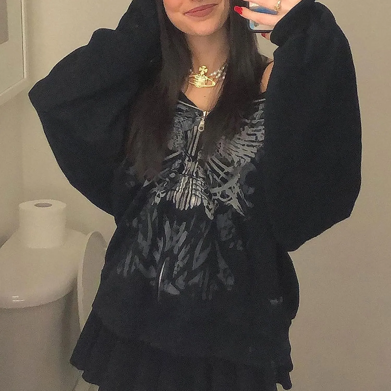 Juakoso Y2k Women Zip Up Hoodie Sweatshirt Rhinestone Skeleton Printing Long Sleeve Oversized Jacket Pullovers Fall Coats