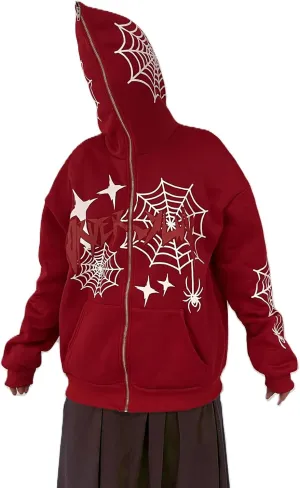 Juakoso Y2k Women Zip Up Hoodie Sweatshirt Rhinestone Skeleton Printing Long Sleeve Oversized Jacket Pullovers Fall Coats