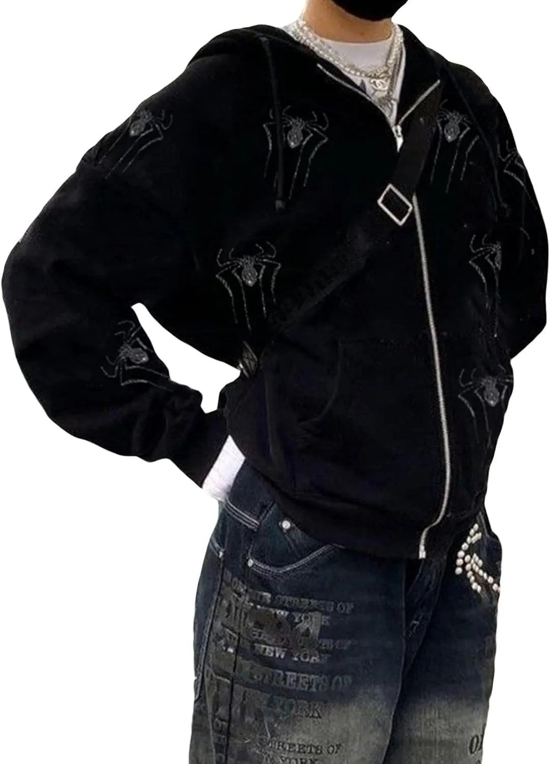Juakoso Y2k Women Zip Up Hoodie Sweatshirt Rhinestone Skeleton Printing Long Sleeve Oversized Jacket Pullovers Fall Coats