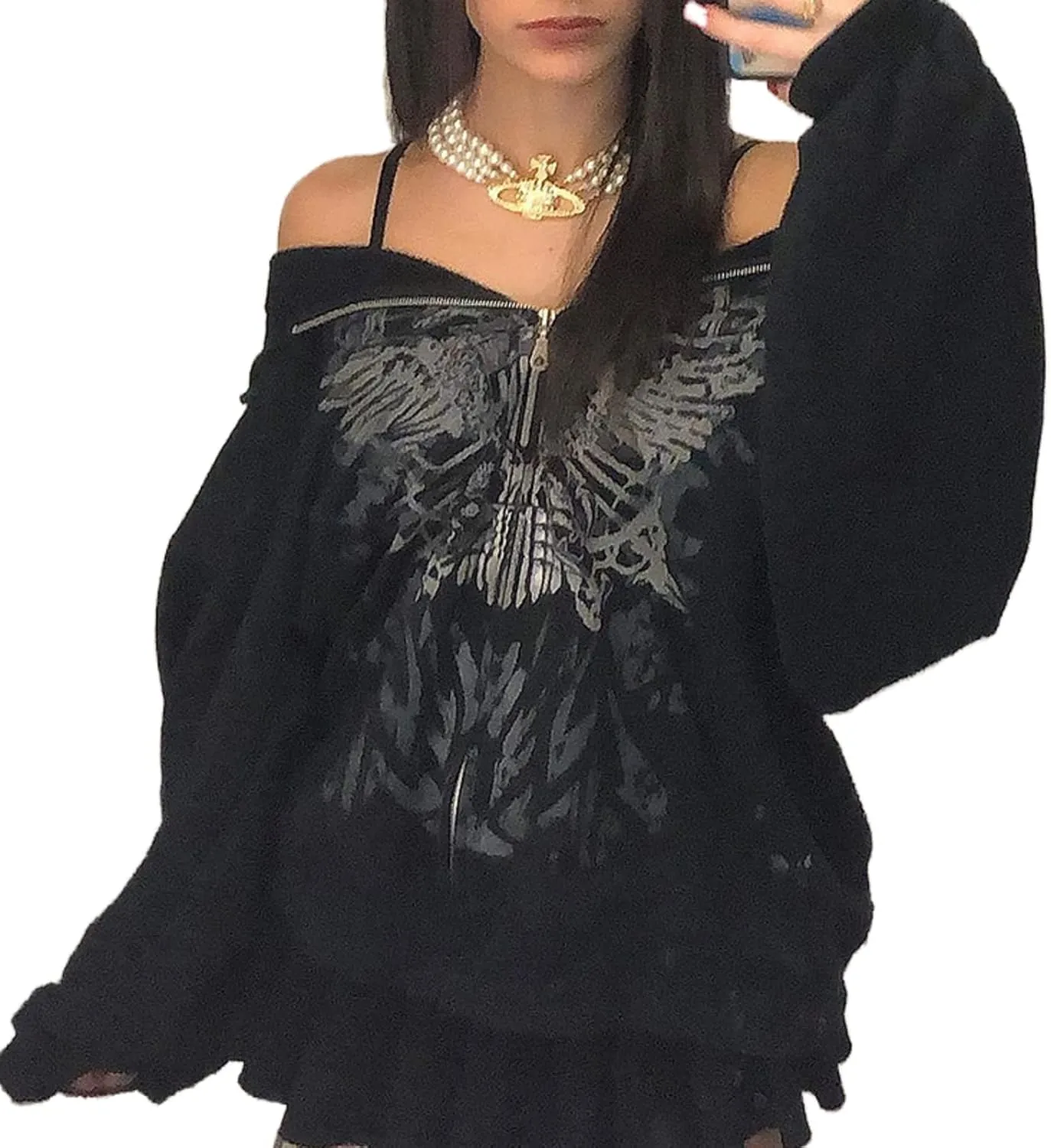 Juakoso Y2k Women Zip Up Hoodie Sweatshirt Rhinestone Skeleton Printing Long Sleeve Oversized Jacket Pullovers Fall Coats