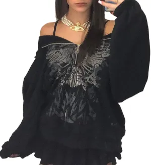 Juakoso Y2k Women Zip Up Hoodie Sweatshirt Rhinestone Skeleton Printing Long Sleeve Oversized Jacket Pullovers Fall Coats