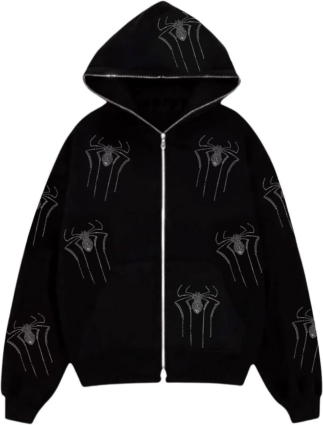 Juakoso Y2k Women Zip Up Hoodie Sweatshirt Rhinestone Skeleton Printing Long Sleeve Oversized Jacket Pullovers Fall Coats