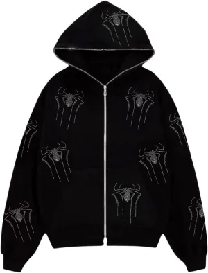 Juakoso Y2k Women Zip Up Hoodie Sweatshirt Rhinestone Skeleton Printing Long Sleeve Oversized Jacket Pullovers Fall Coats
