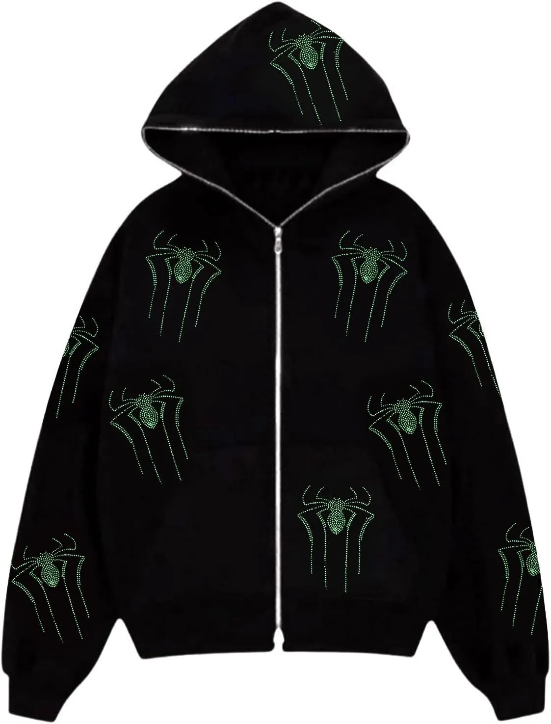 Juakoso Y2k Women Zip Up Hoodie Sweatshirt Rhinestone Skeleton Printing Long Sleeve Oversized Jacket Pullovers Fall Coats