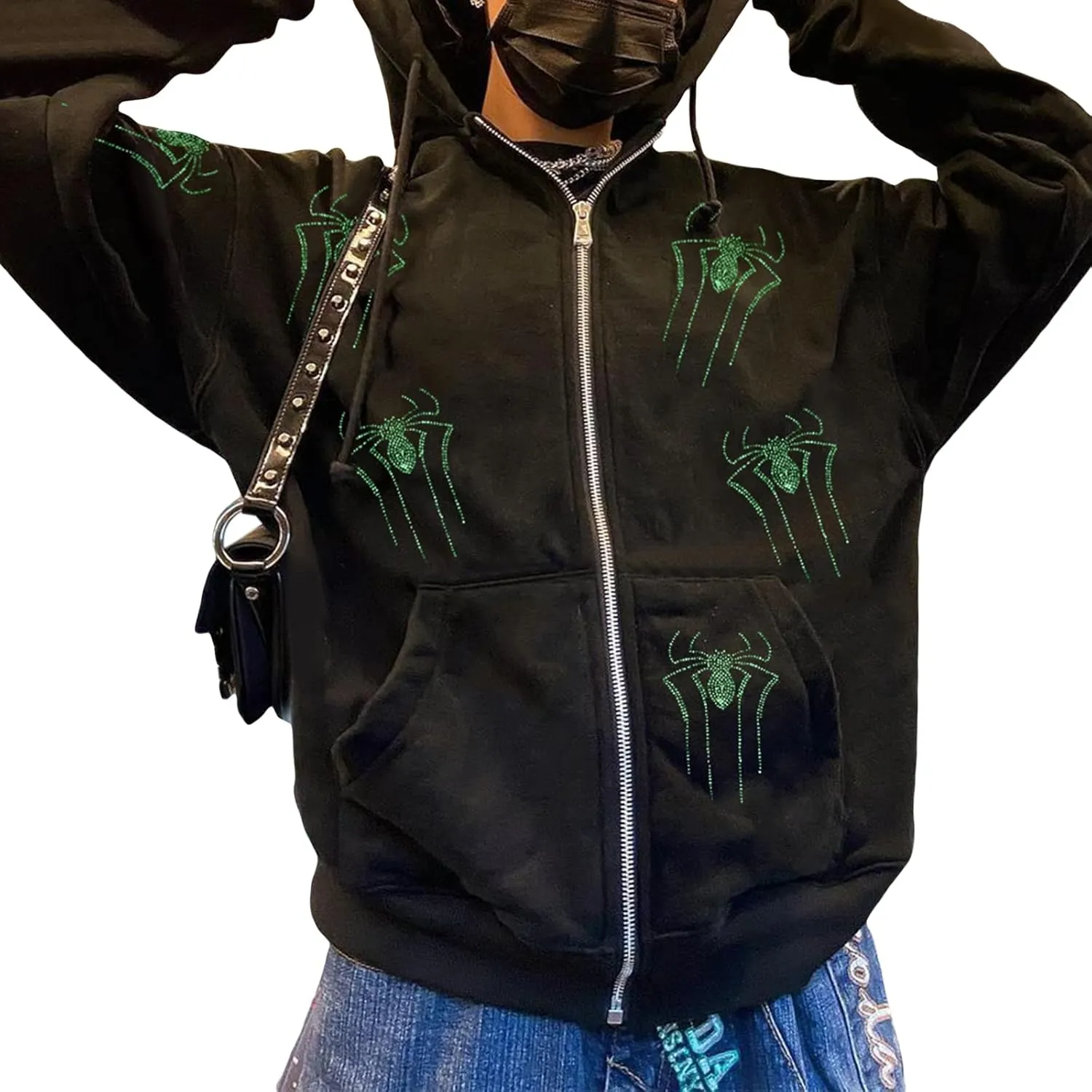 Juakoso Y2k Women Zip Up Hoodie Sweatshirt Rhinestone Skeleton Printing Long Sleeve Oversized Jacket Pullovers Fall Coats