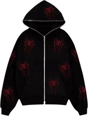 Juakoso Y2k Women Zip Up Hoodie Sweatshirt Rhinestone Skeleton Printing Long Sleeve Oversized Jacket Pullovers Fall Coats