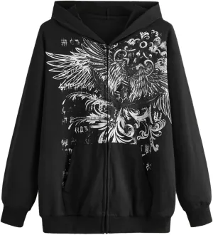 Juakoso Y2k Women Zip Up Hoodie Sweatshirt Rhinestone Skeleton Printing Long Sleeve Oversized Jacket Pullovers Fall Coats