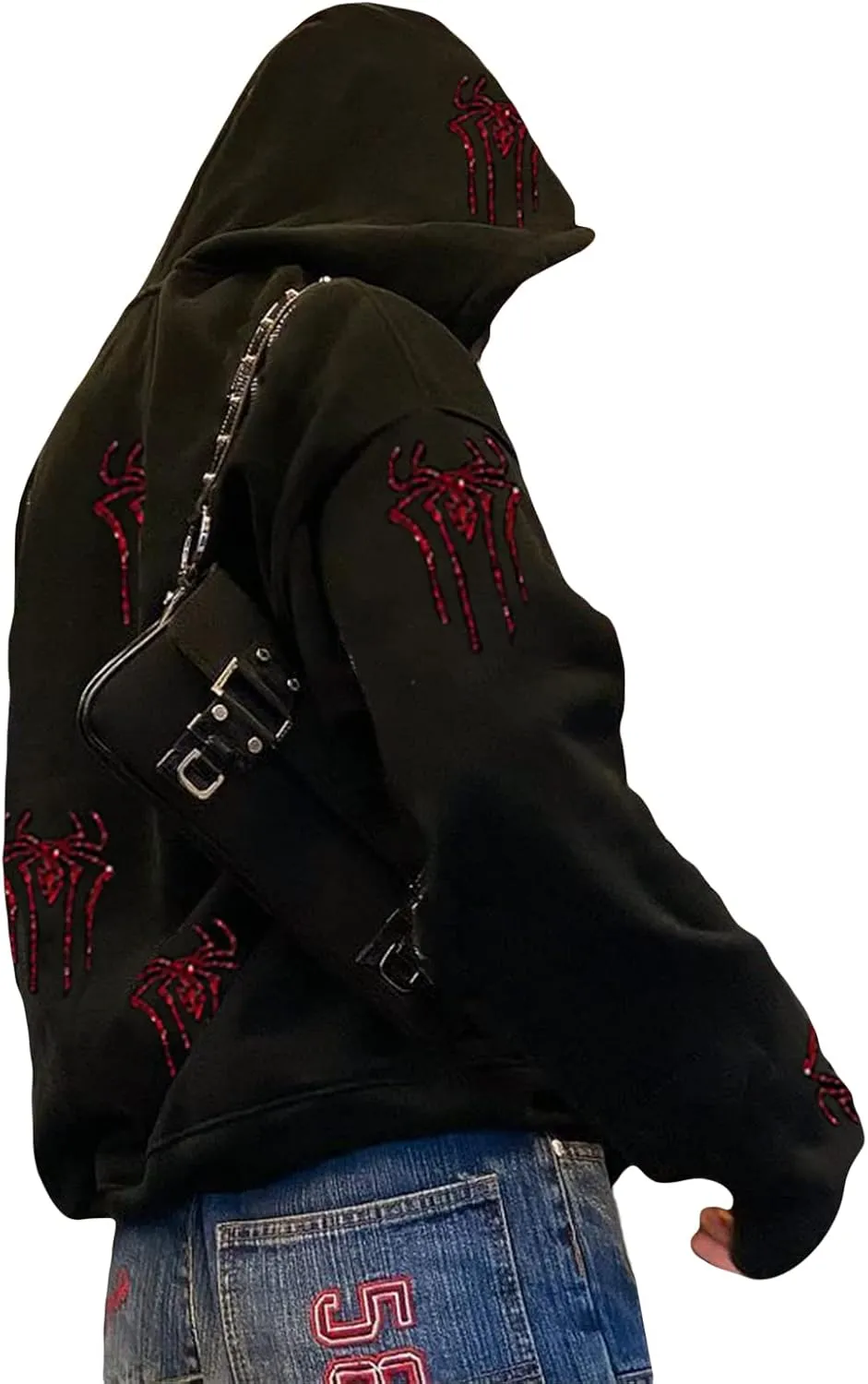 Juakoso Y2k Women Zip Up Hoodie Sweatshirt Rhinestone Skeleton Printing Long Sleeve Oversized Jacket Pullovers Fall Coats