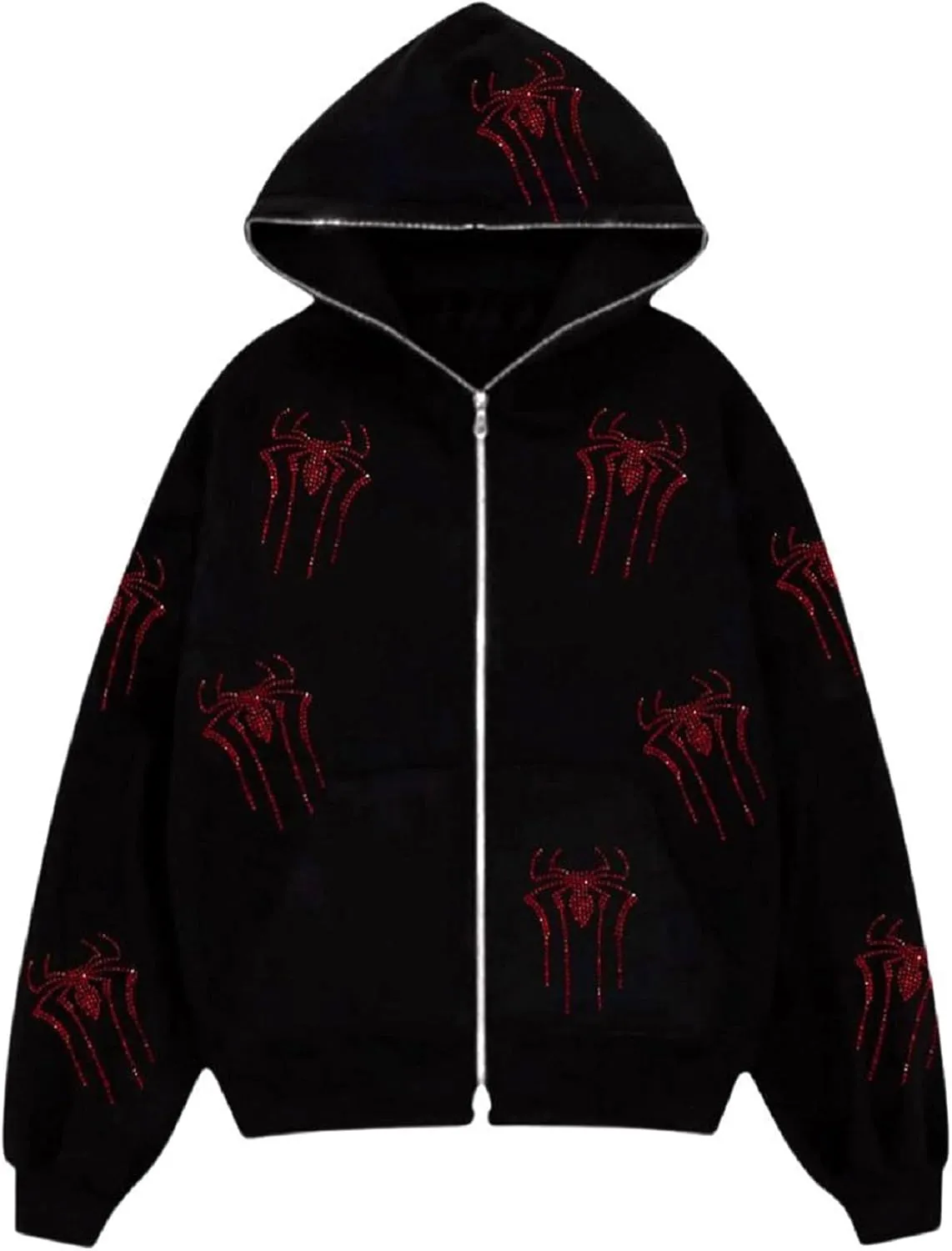 Juakoso Y2k Women Zip Up Hoodie Sweatshirt Rhinestone Skeleton Printing Long Sleeve Oversized Jacket Pullovers Fall Coats