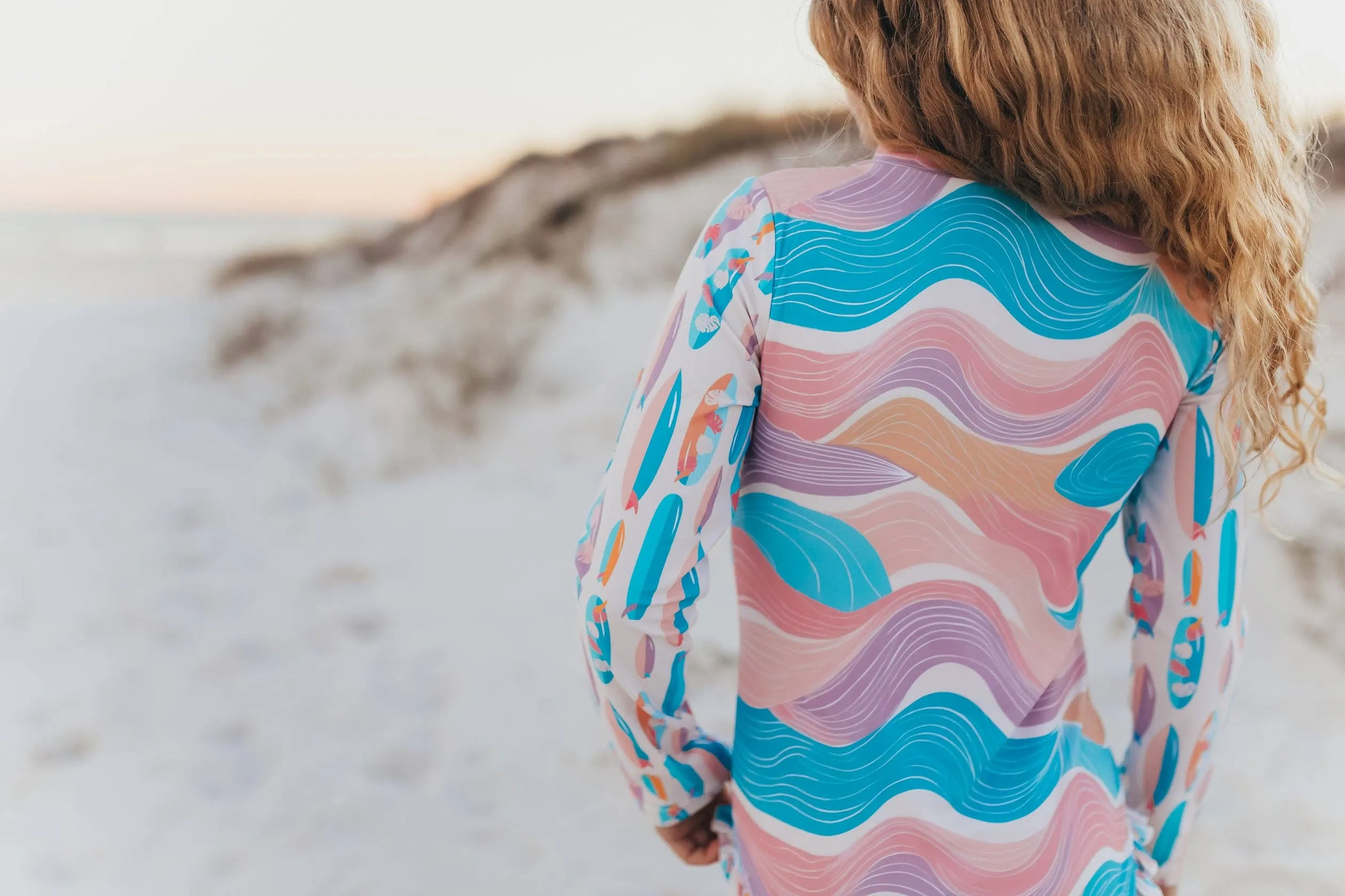 Kids Pink Blue Surf Wave Zip Rash Guard One Piece Swimsuit