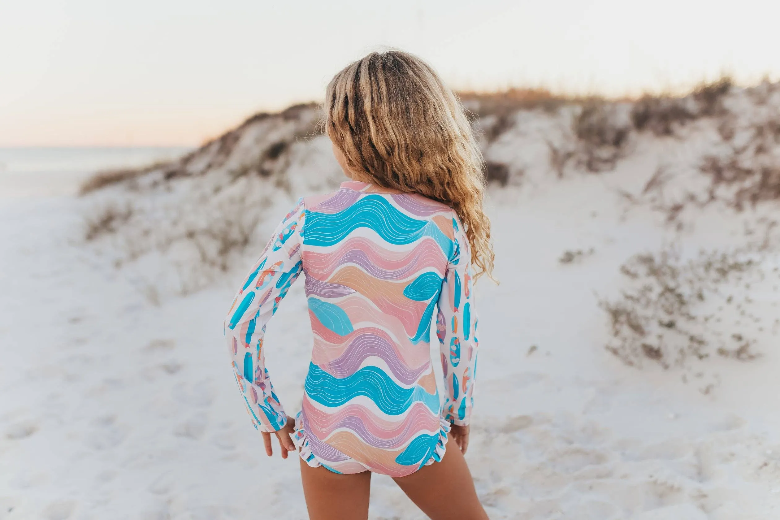 Kids Pink Blue Surf Wave Zip Rash Guard One Piece Swimsuit
