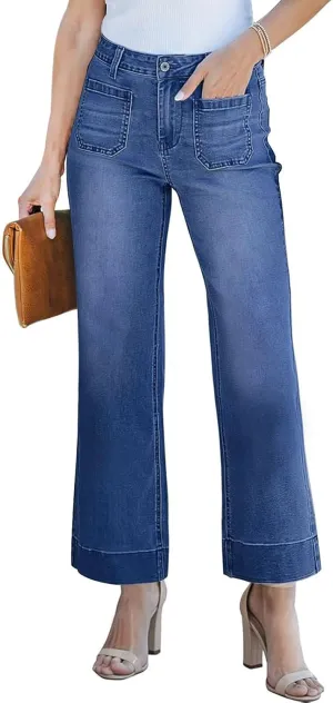 KUNMI Women's Wide Leg High Waisted Stretchy Straight Leg Jeans Baggy Loose Trendy Denim Pants