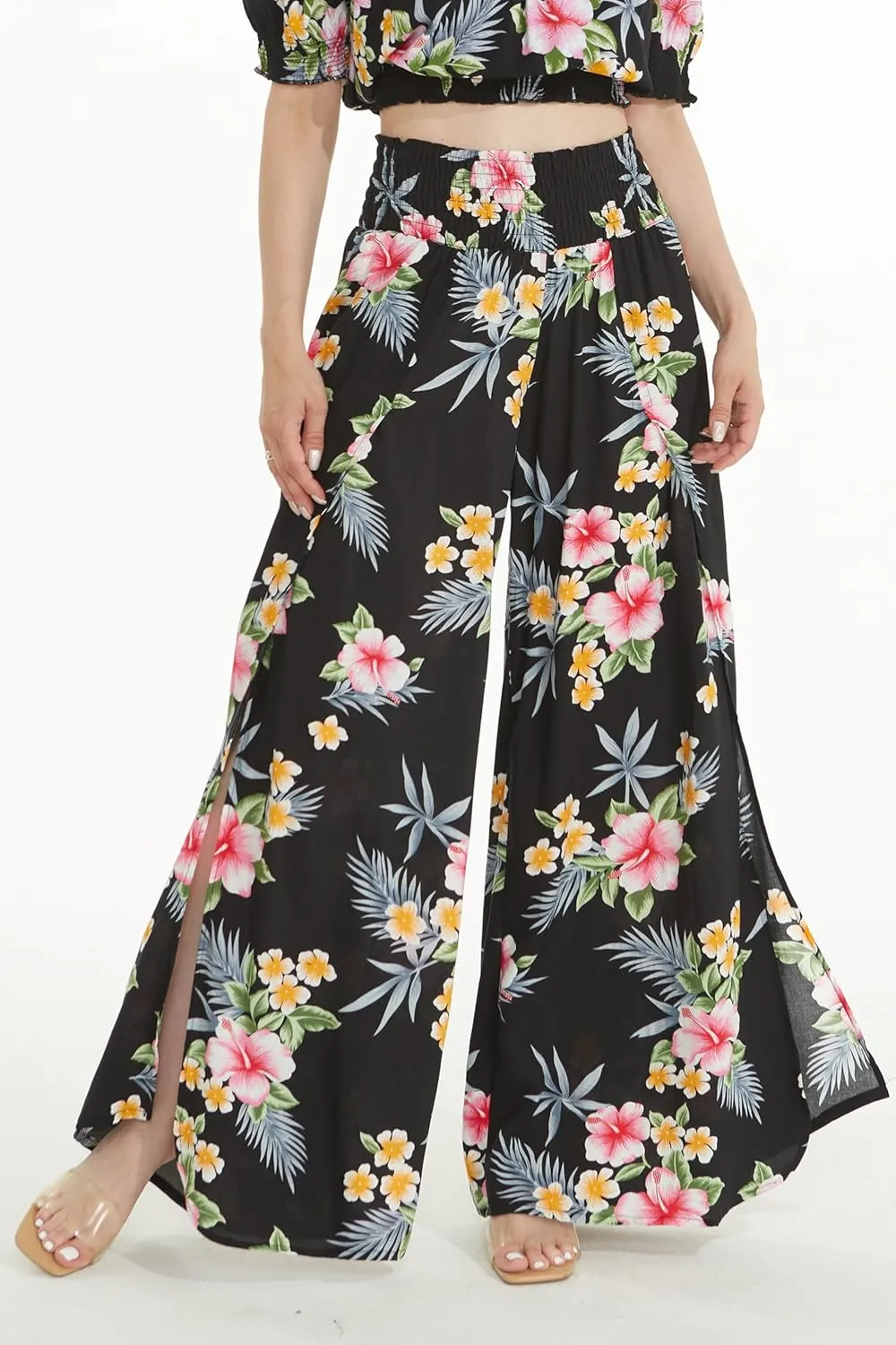 Lady High Slit Wide Leg Pants in Hibiscus