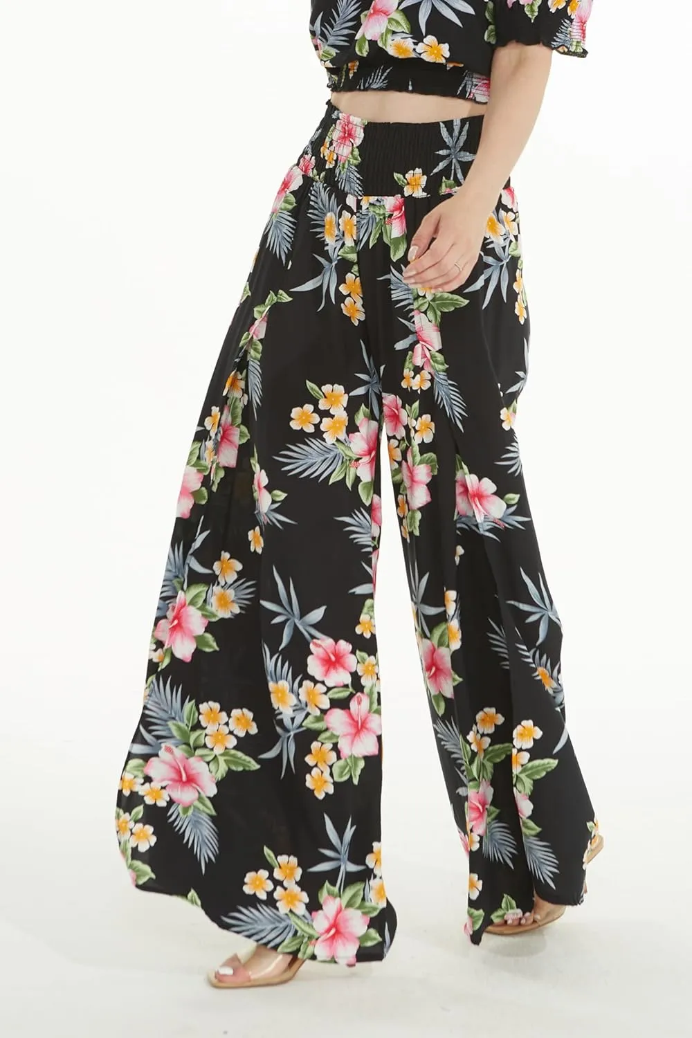 Lady High Slit Wide Leg Pants in Hibiscus