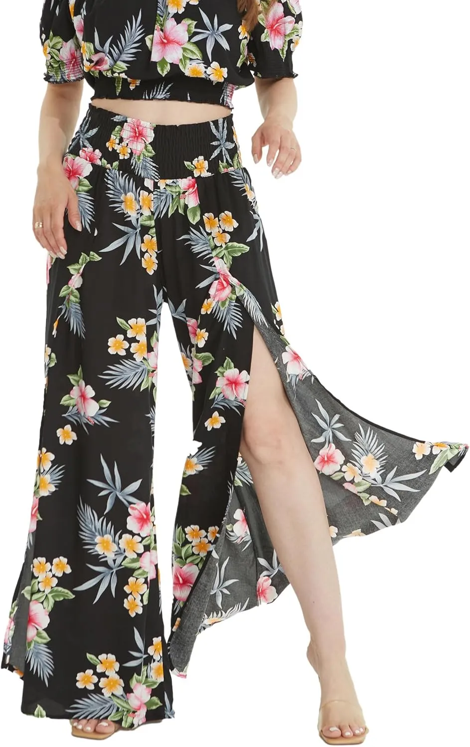 Lady High Slit Wide Leg Pants in Hibiscus