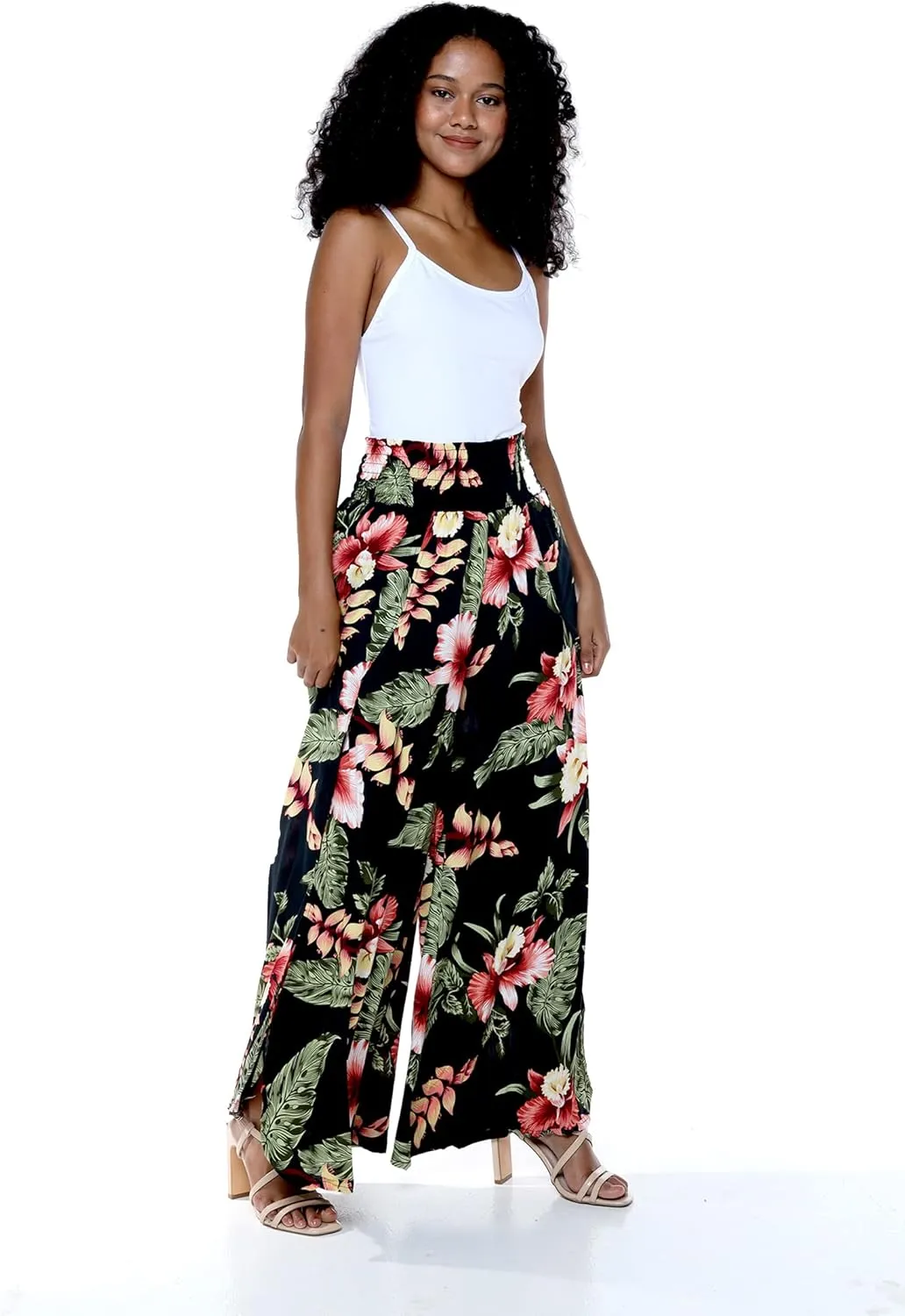 Lady High Slit Wide Leg Pants in Pacific Palm Navy