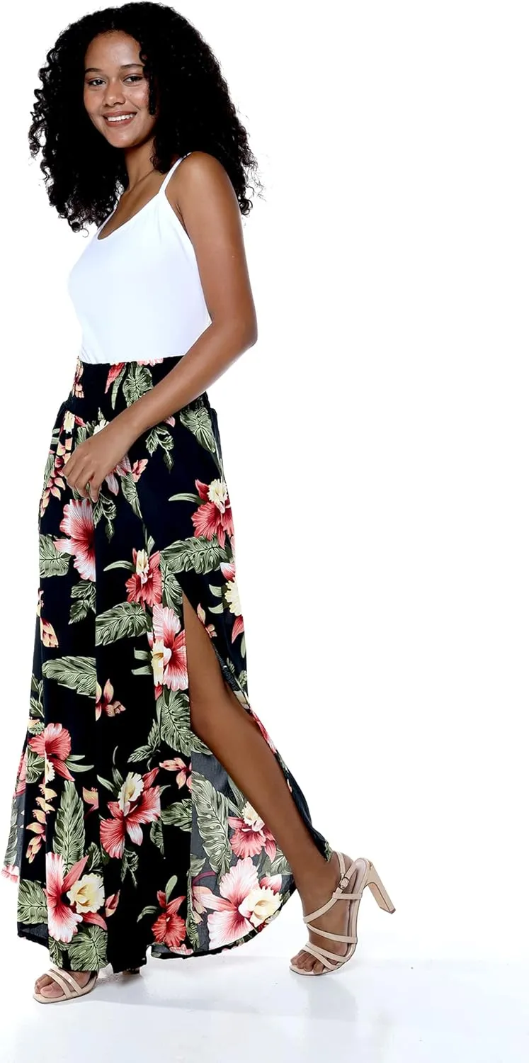 Lady High Slit Wide Leg Pants in Pacific Palm Navy