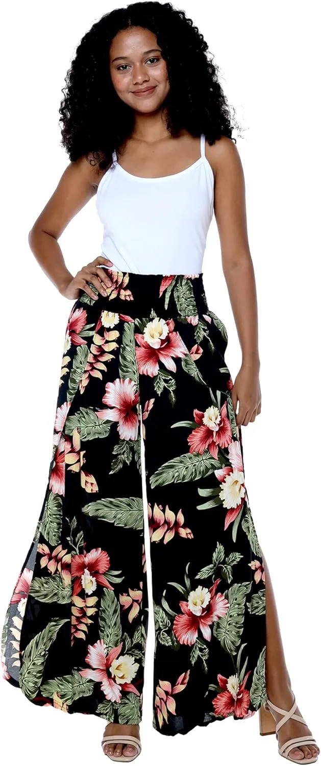 Lady High Slit Wide Leg Pants in Pacific Palm Navy