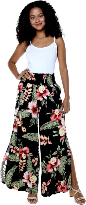 Lady High Slit Wide Leg Pants in Pacific Palm Navy