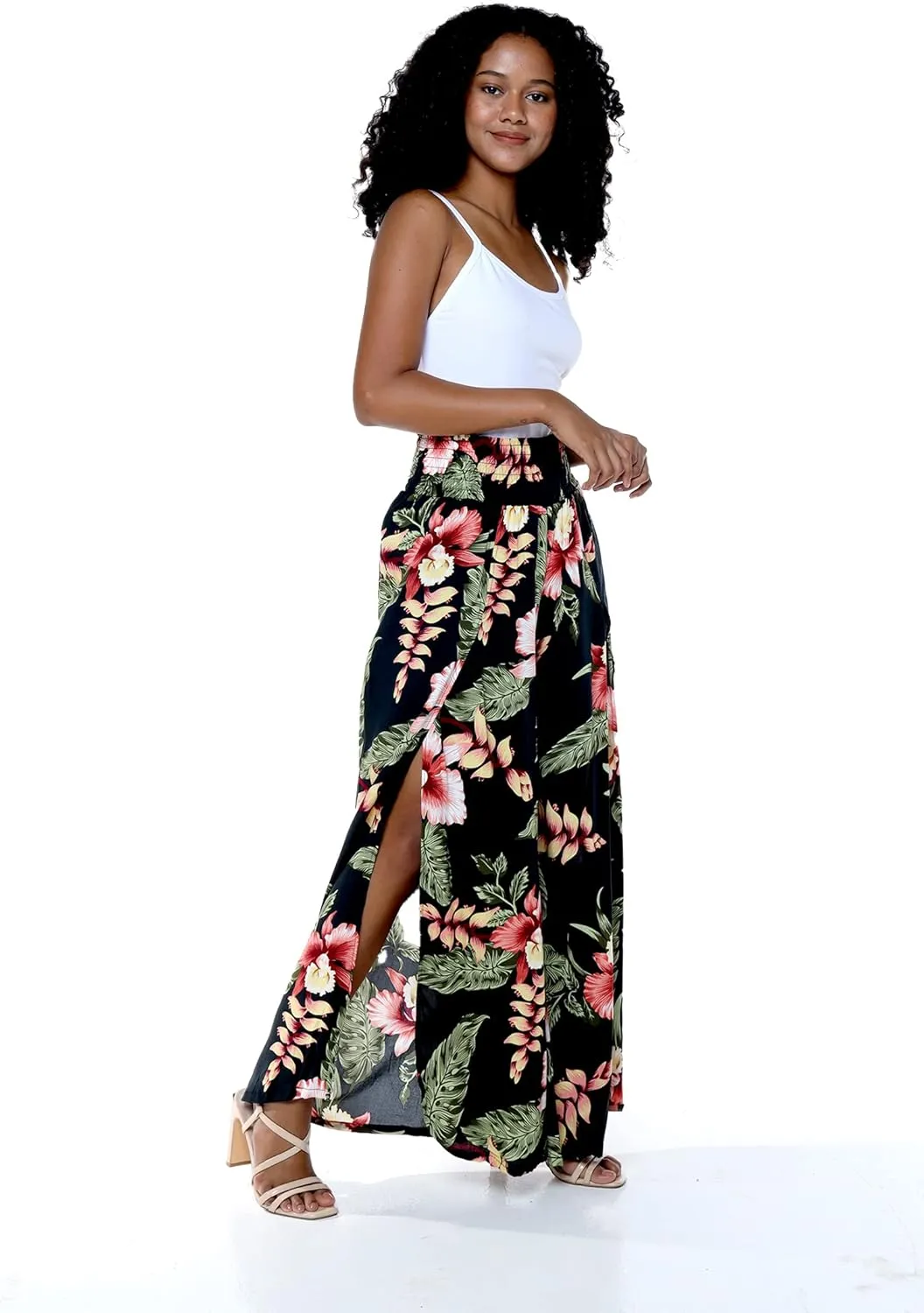 Lady High Slit Wide Leg Pants in Pacific Palm Navy
