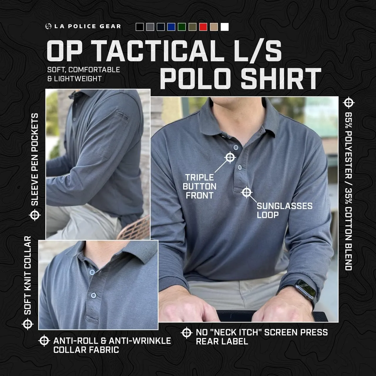 LAPG Men's Operator Tactical Long Sleeve Polo Shirt, Lightweight Anti-Wrinkle Moisture-Wicking Uniform Polo for Men