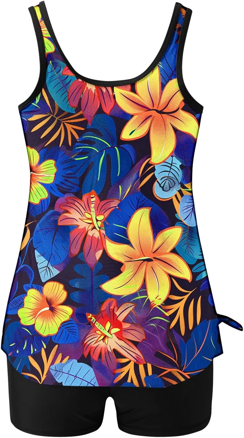Lastesso Womens Tankini Bathing Suits Trendy Blouson Swim Tank Top with Shorts Fashion Vacation Print Summer Bathing Suits