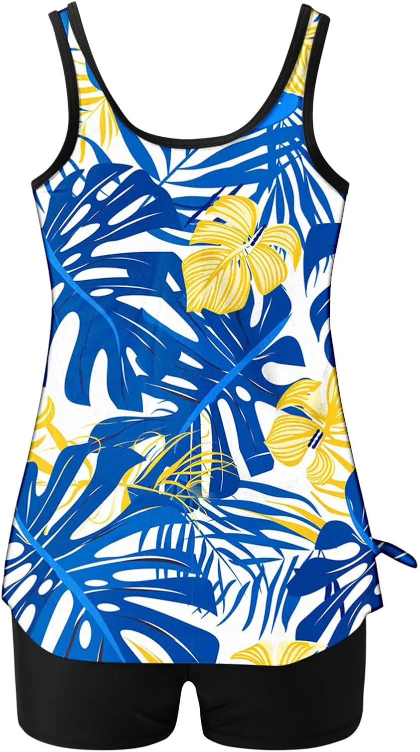 Lastesso Womens Tankini Bathing Suits Trendy Blouson Swim Tank Top with Shorts Fashion Vacation Print Summer Bathing Suits