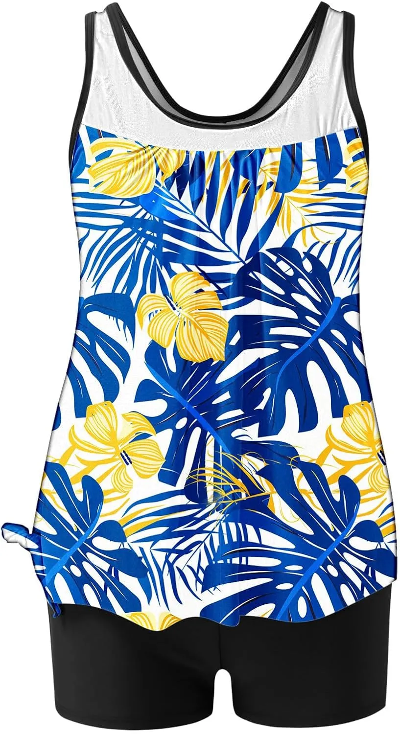Lastesso Womens Tankini Bathing Suits Trendy Blouson Swim Tank Top with Shorts Fashion Vacation Print Summer Bathing Suits