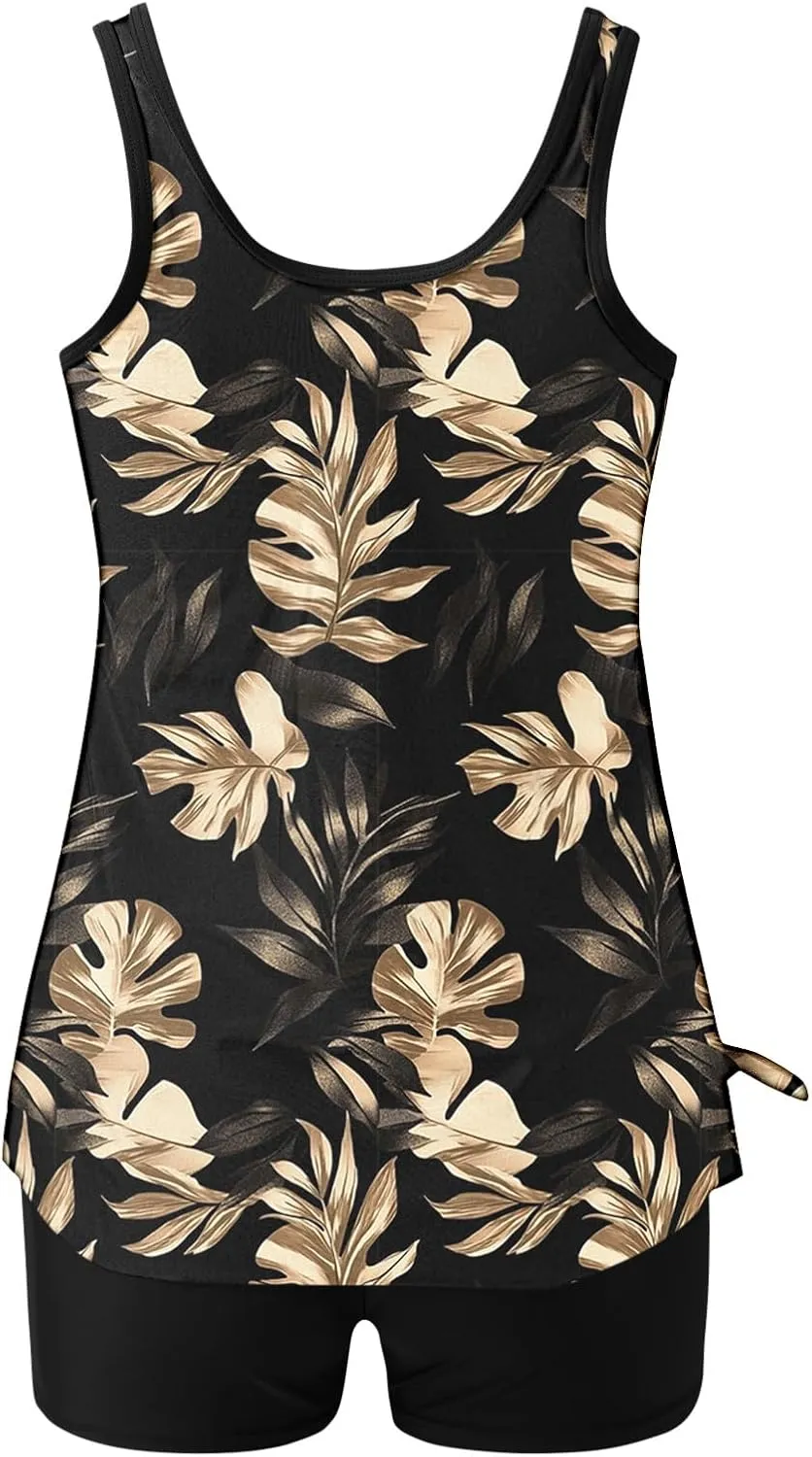 Lastesso Womens Tankini Bathing Suits Trendy Blouson Swim Tank Top with Shorts Fashion Vacation Print Summer Bathing Suits