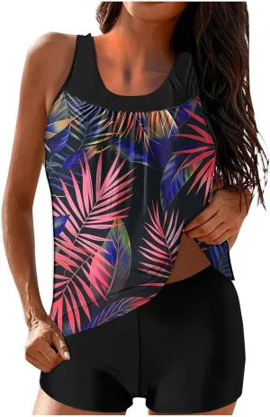 Lastesso Womens Tankini Bathing Suits Trendy Blouson Swim Tank Top with Shorts Fashion Vacation Print Summer Bathing Suits