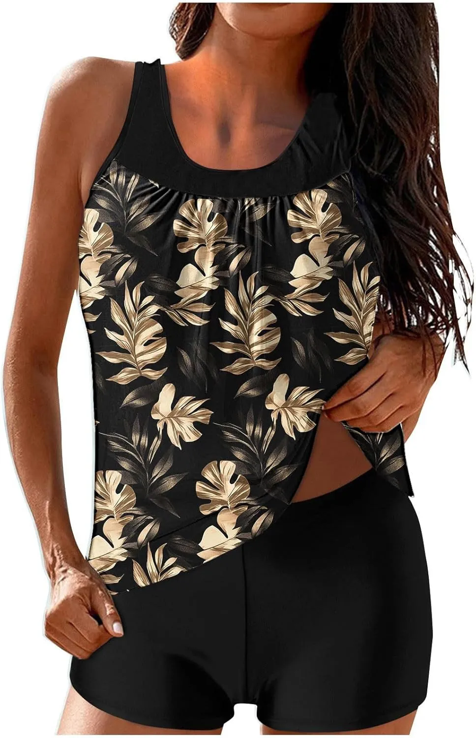 Lastesso Womens Tankini Bathing Suits Trendy Blouson Swim Tank Top with Shorts Fashion Vacation Print Summer Bathing Suits
