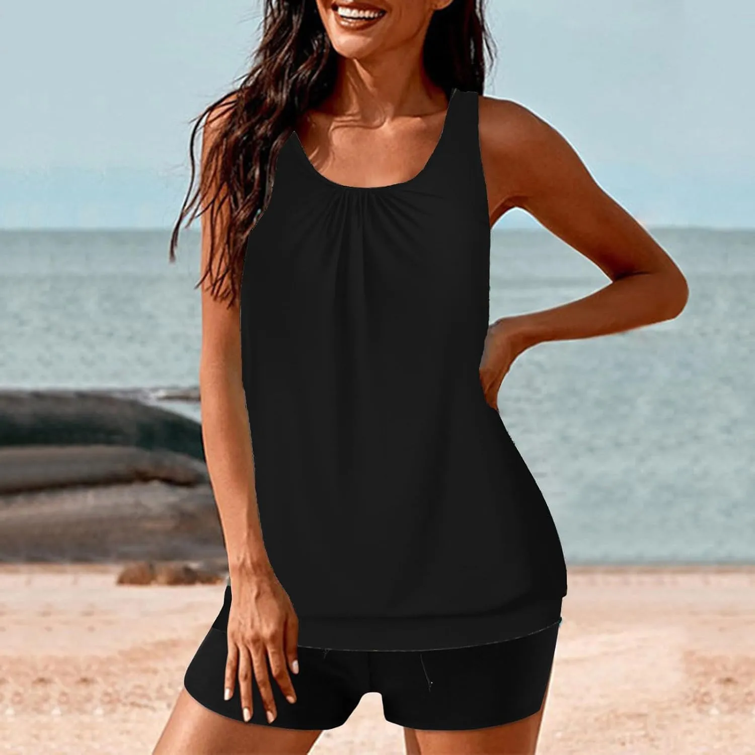 Lastesso Womens Tankini Bathing Suits Trendy Blouson Swim Tank Top with Shorts Fashion Vacation Print Summer Bathing Suits