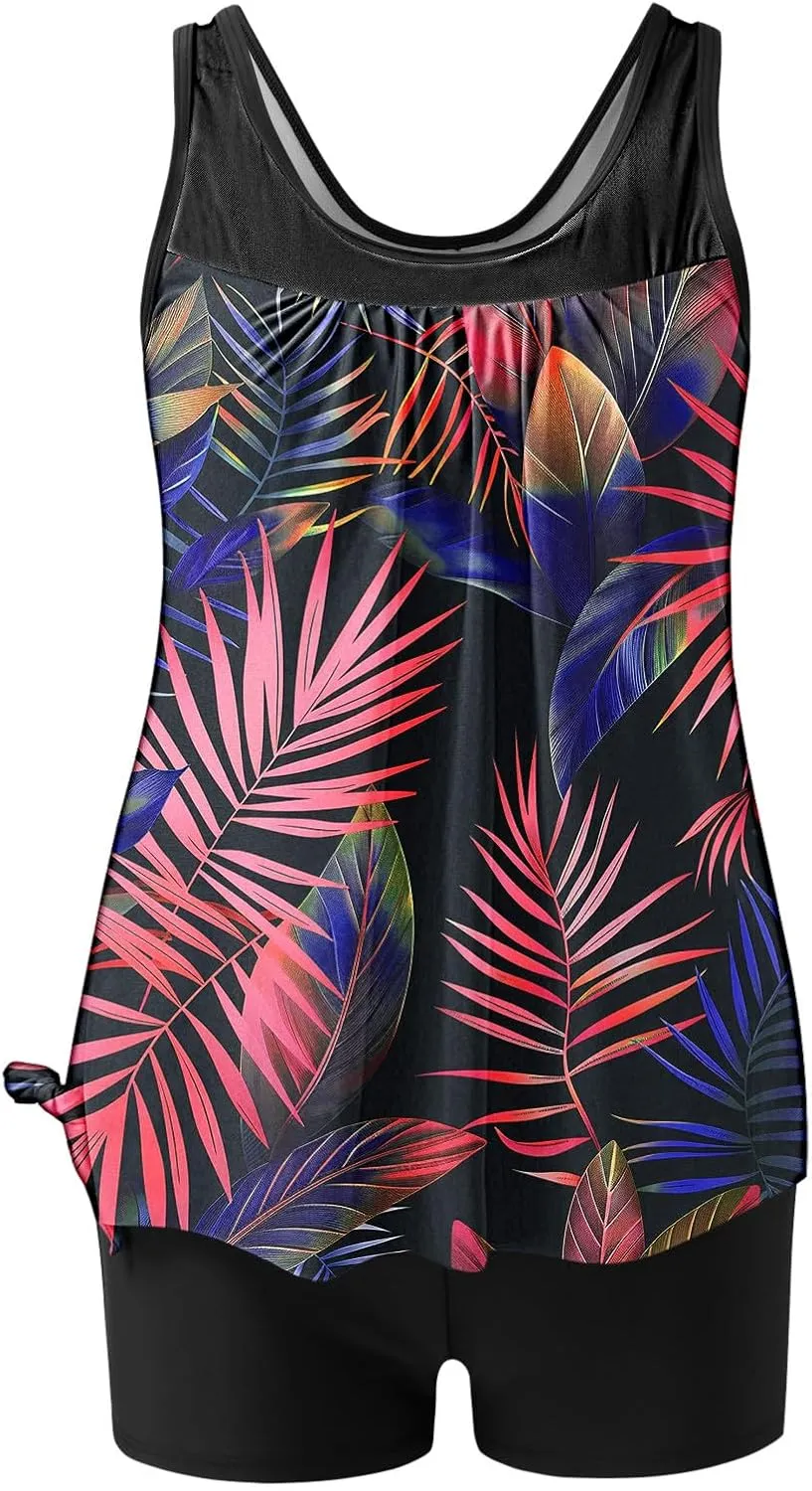 Lastesso Womens Tankini Bathing Suits Trendy Blouson Swim Tank Top with Shorts Fashion Vacation Print Summer Bathing Suits