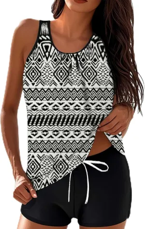 Lastesso Womens Tankini Bathing Suits Trendy Blouson Swim Tank Top with Shorts Fashion Vacation Print Summer Bathing Suits