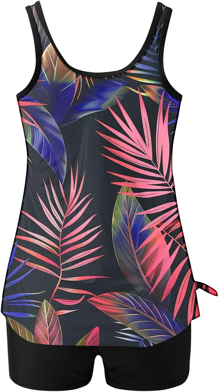 Lastesso Womens Tankini Bathing Suits Trendy Blouson Swim Tank Top with Shorts Fashion Vacation Print Summer Bathing Suits
